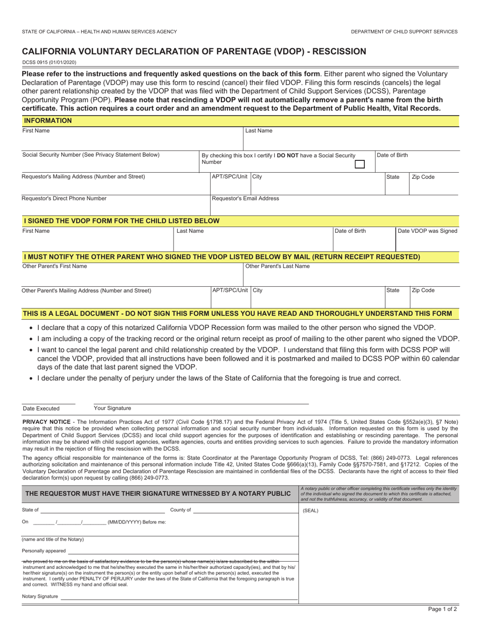 Form DCSS0915 California Voluntary Declaration of Parentage (Vdop) - Rescission - California, Page 1