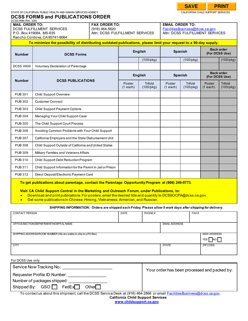 Form DCSS0596 Dcss Forms and Publications Order - California, Page 1