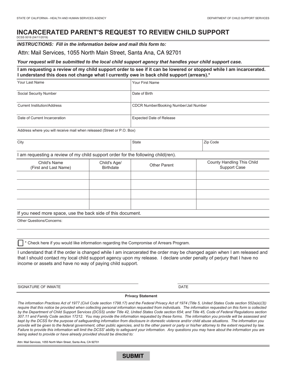 Form DCSS0018 Incarcerated Parents Request to Review Child Support - California, Page 1