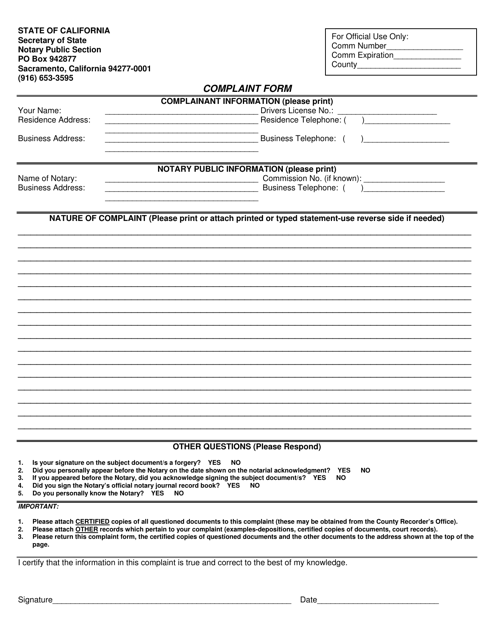 Notary Public Complaint Form - California Download Pdf