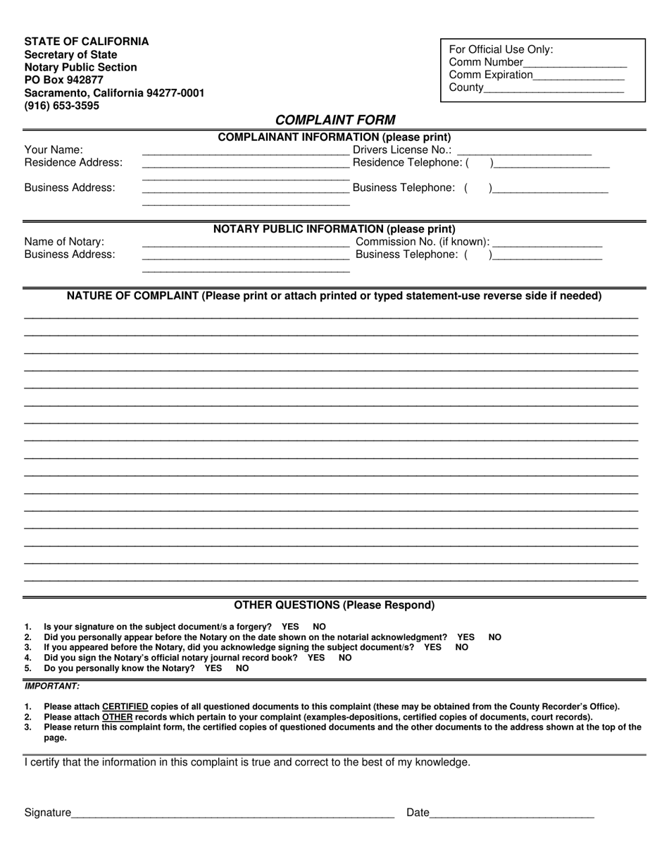 Notary Public Complaint Form - California, Page 1