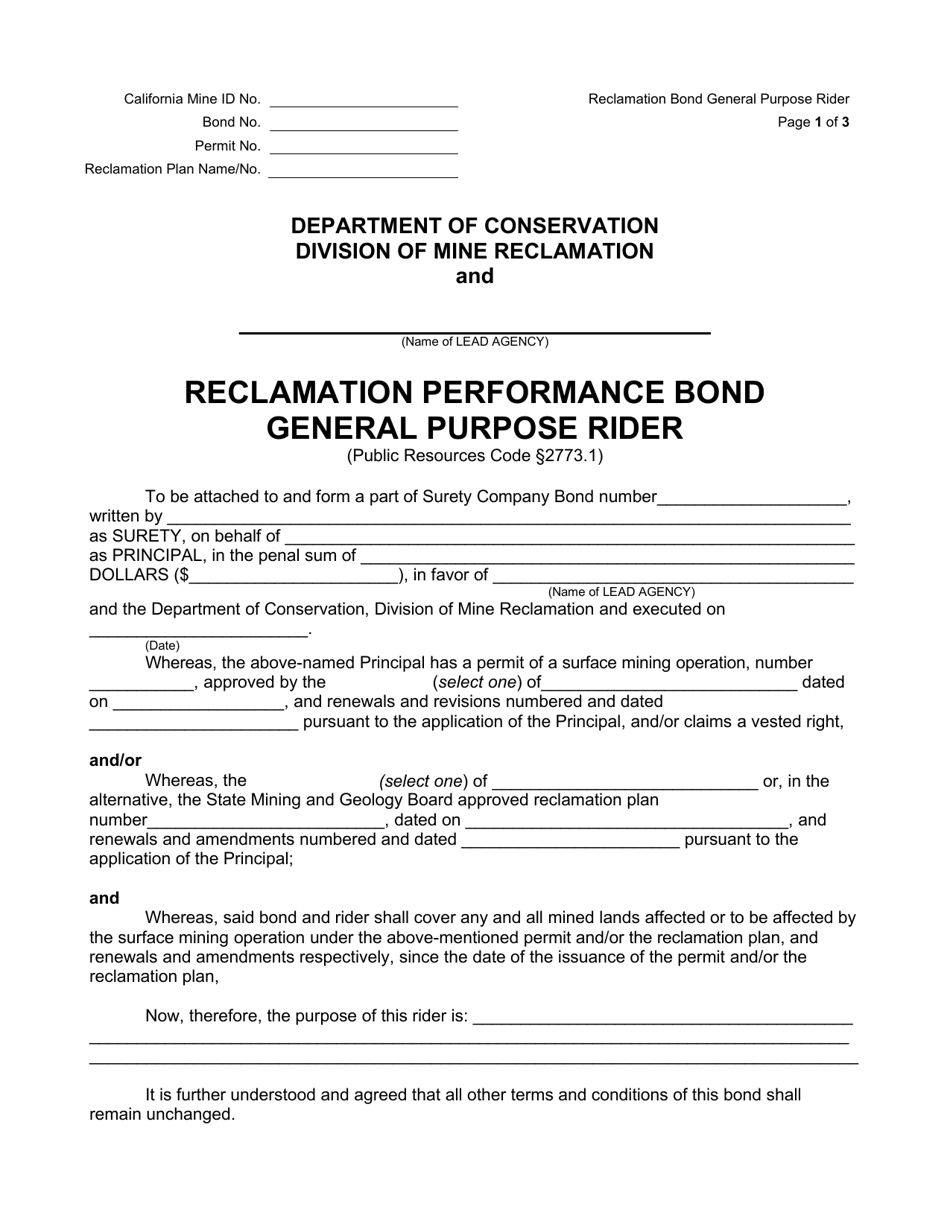 Reclamation Performance Bond General Purpose Rider - California, Page 1
