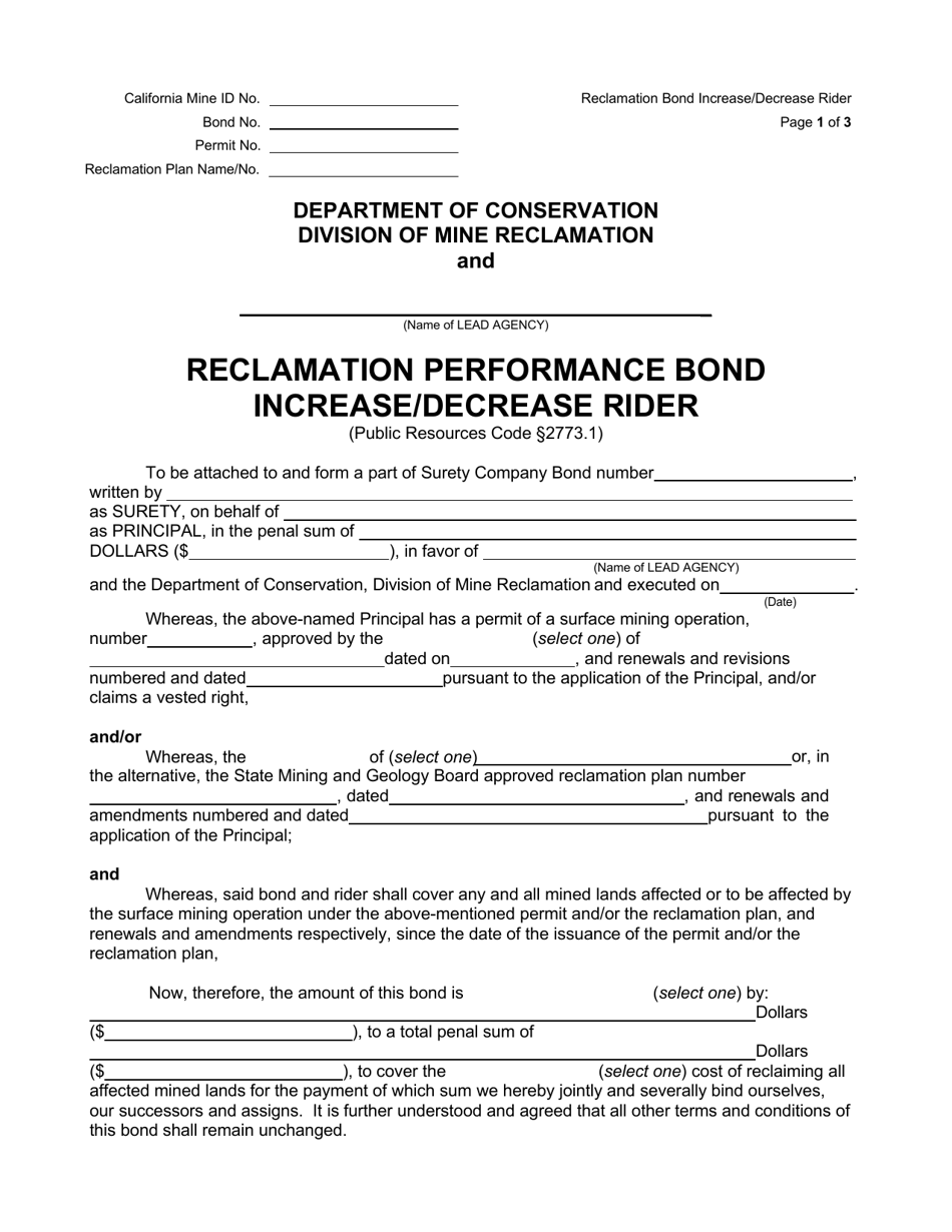 Reclamation Performance Bond Increase / Decrease Rider - California, Page 1