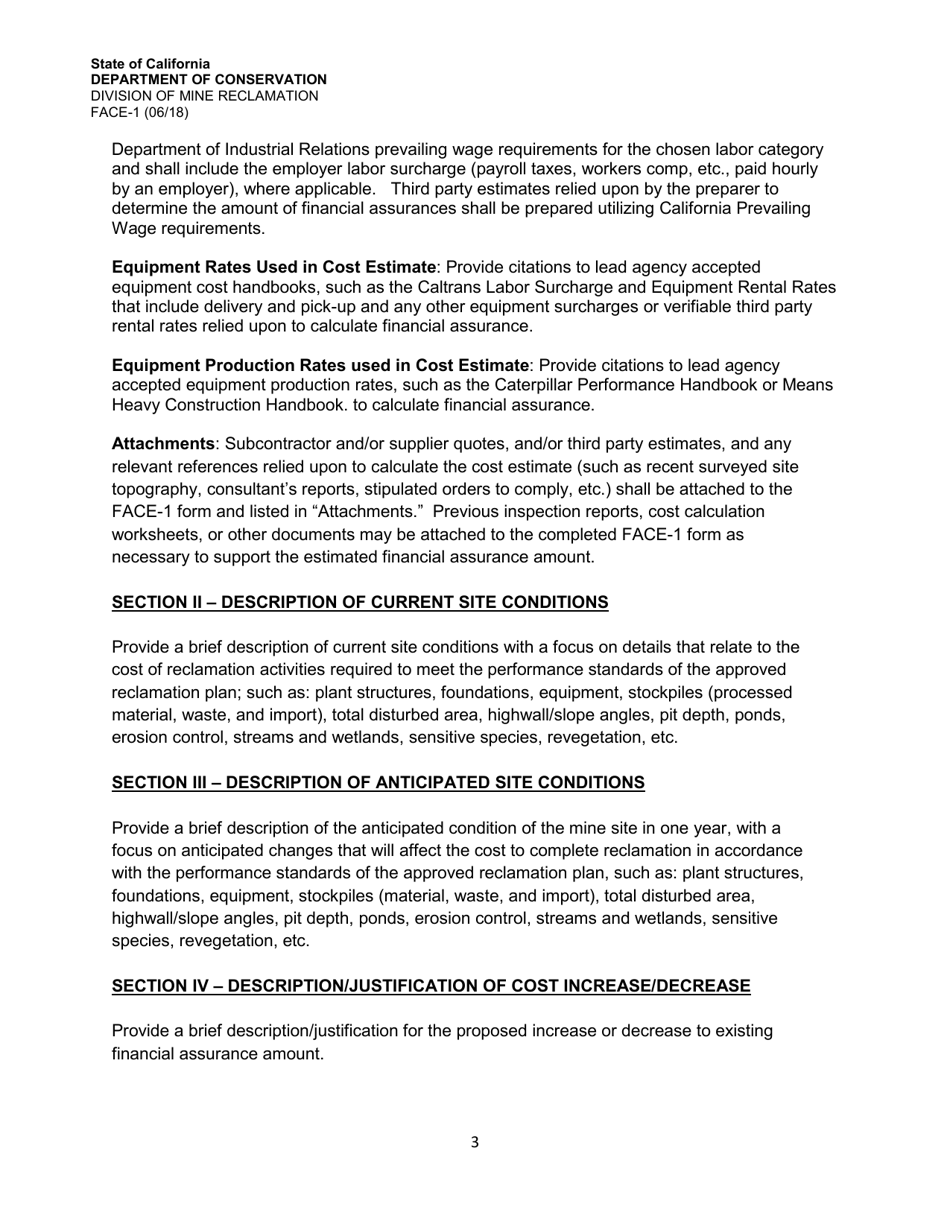 Instructions for Form FACE-1 Financial Assurance Cost Estimate - California, Page 3