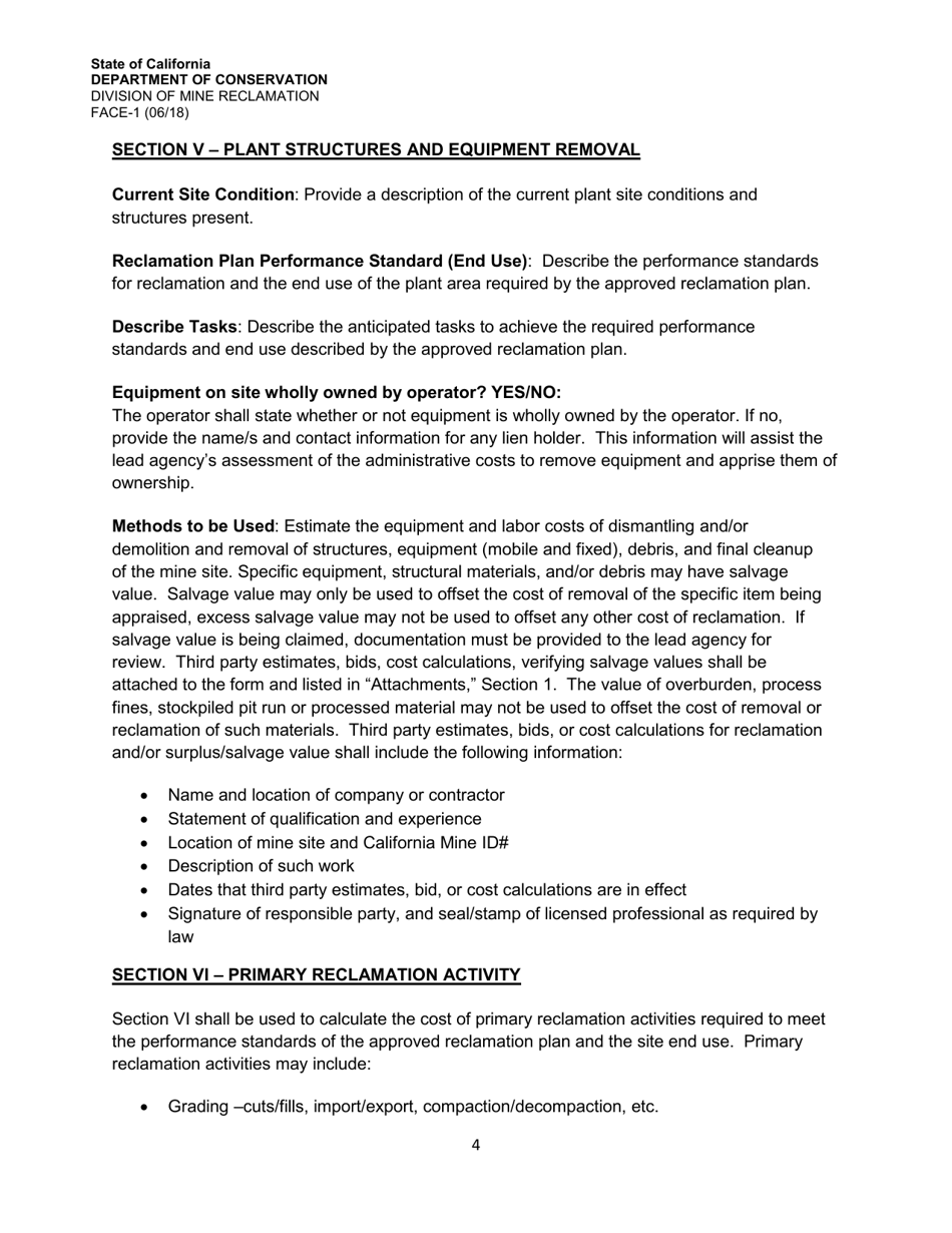 Instructions for Form FACE-1 Financial Assurance Cost Estimate - California, Page 4