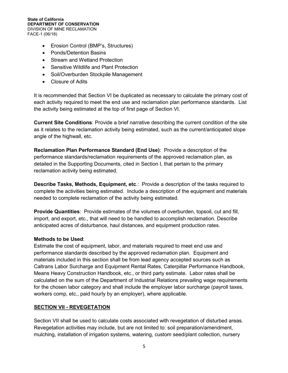 Instructions for Form FACE-1 Financial Assurance Cost Estimate - California, Page 5