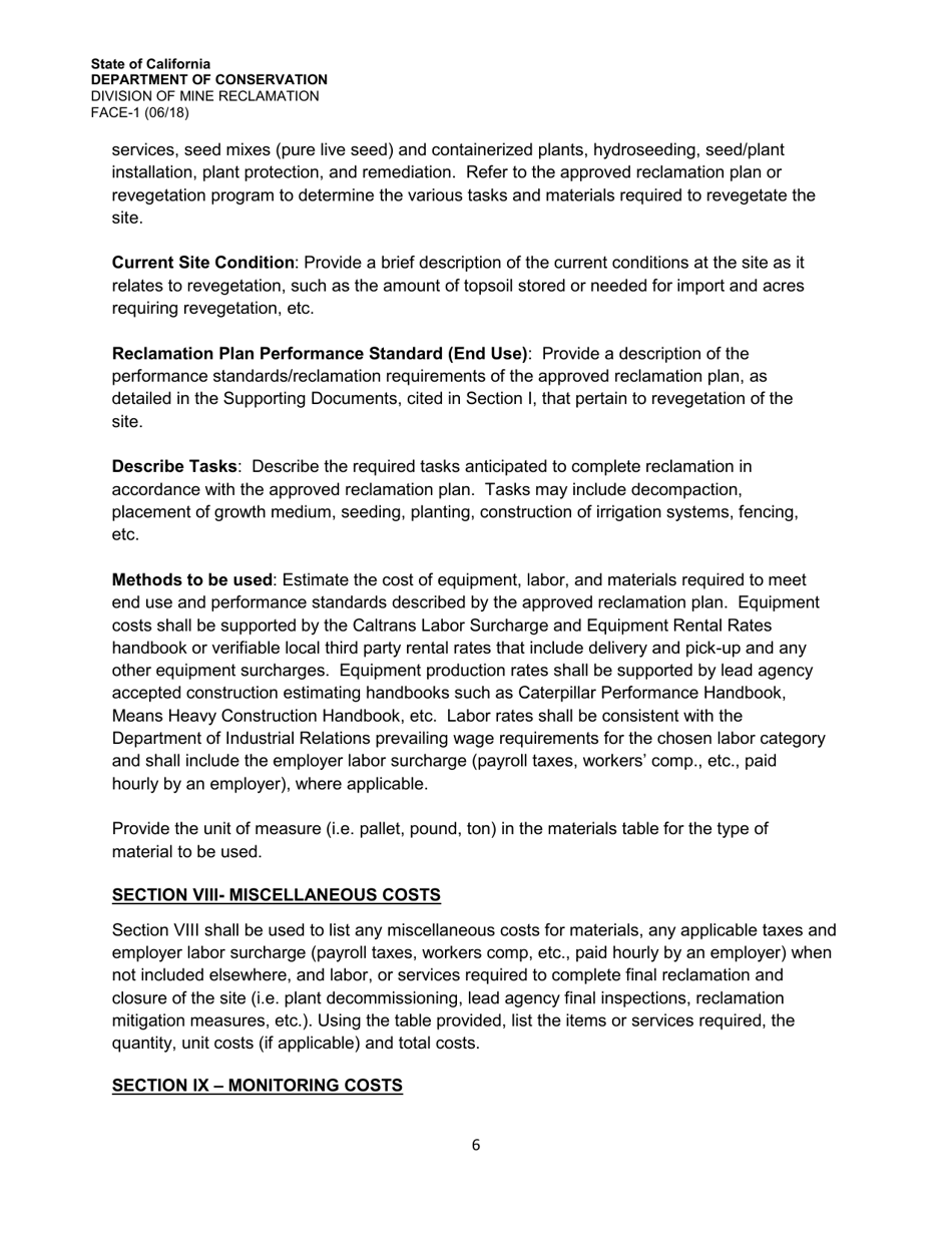Instructions for Form FACE-1 Financial Assurance Cost Estimate - California, Page 6