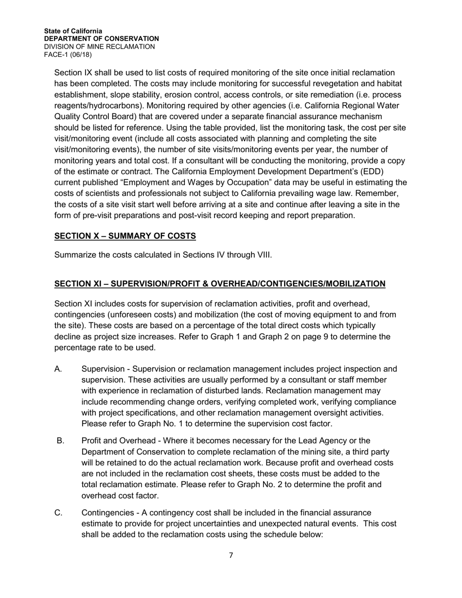Instructions for Form FACE-1 Financial Assurance Cost Estimate - California, Page 7