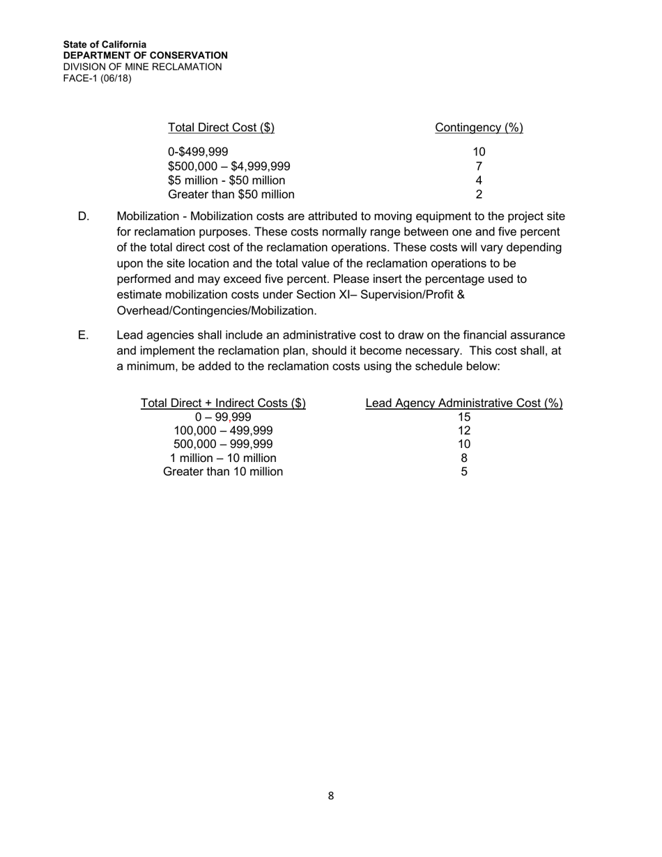 Instructions for Form FACE-1 Financial Assurance Cost Estimate - California, Page 8