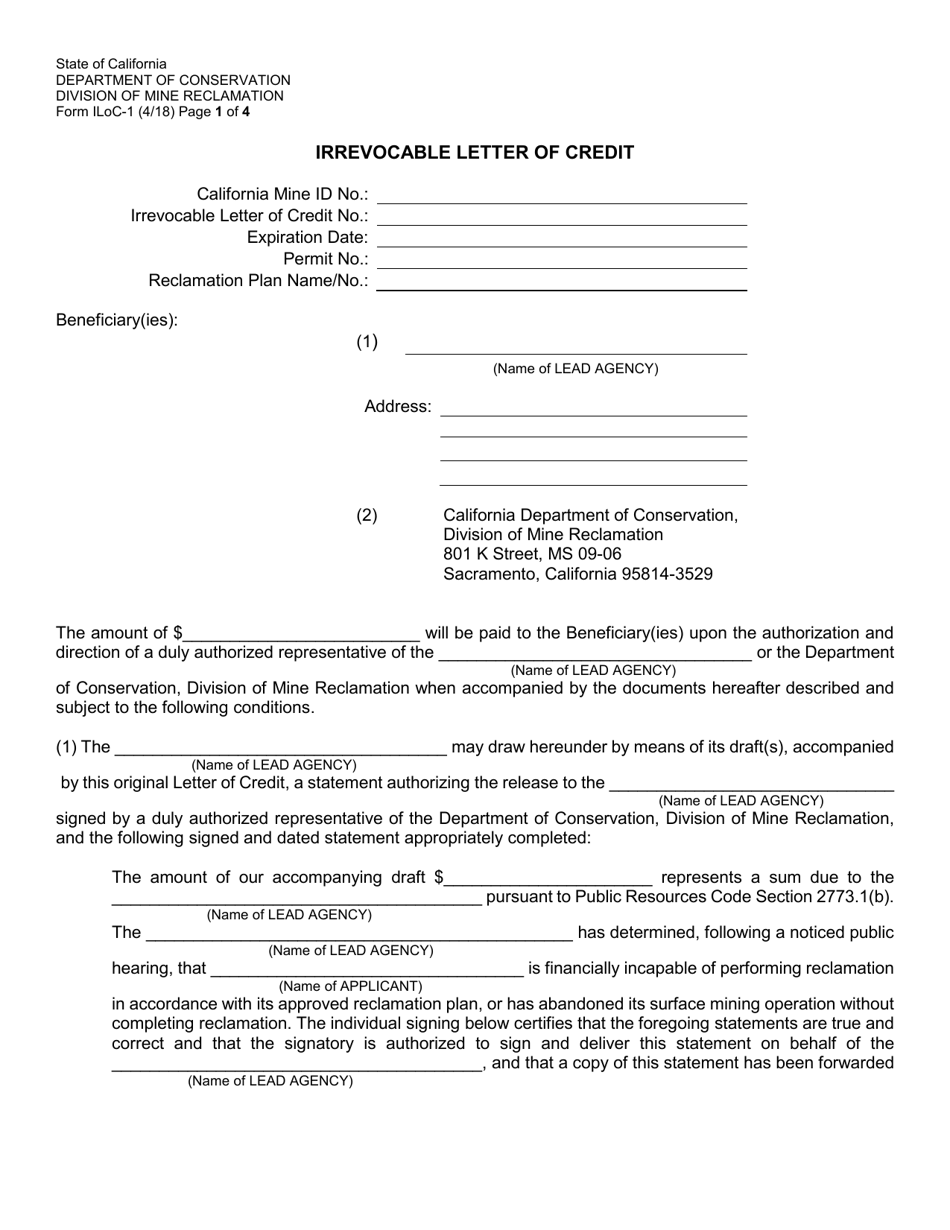 Form ILoC-1 Irrevocable Letter of Credit - California, Page 1