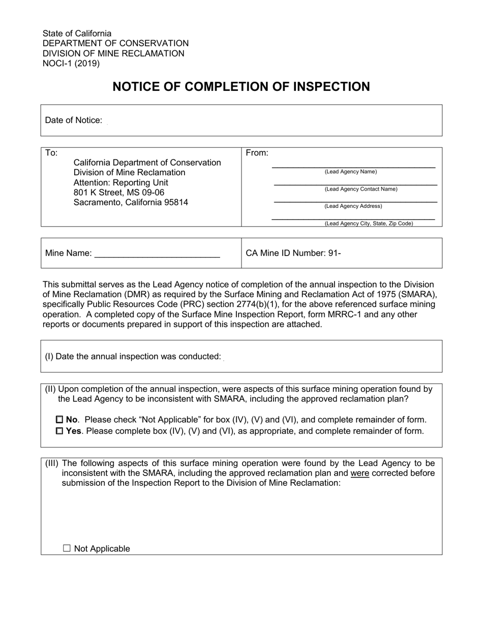 Form NOCI-1 Notice of Completion of Inspection - California, Page 1
