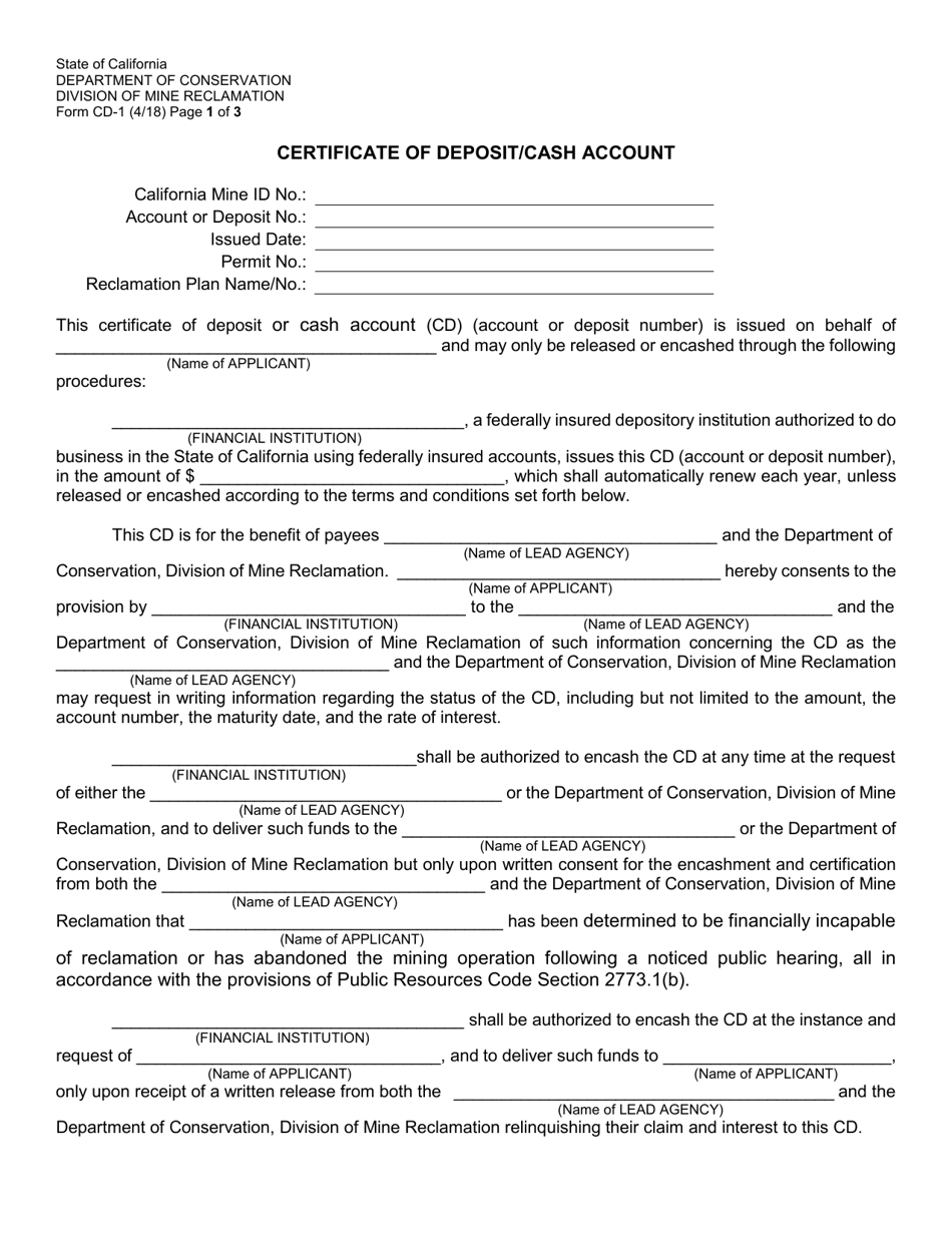 Form CD-1 Certificate of Deposit / Cash Account - California, Page 1
