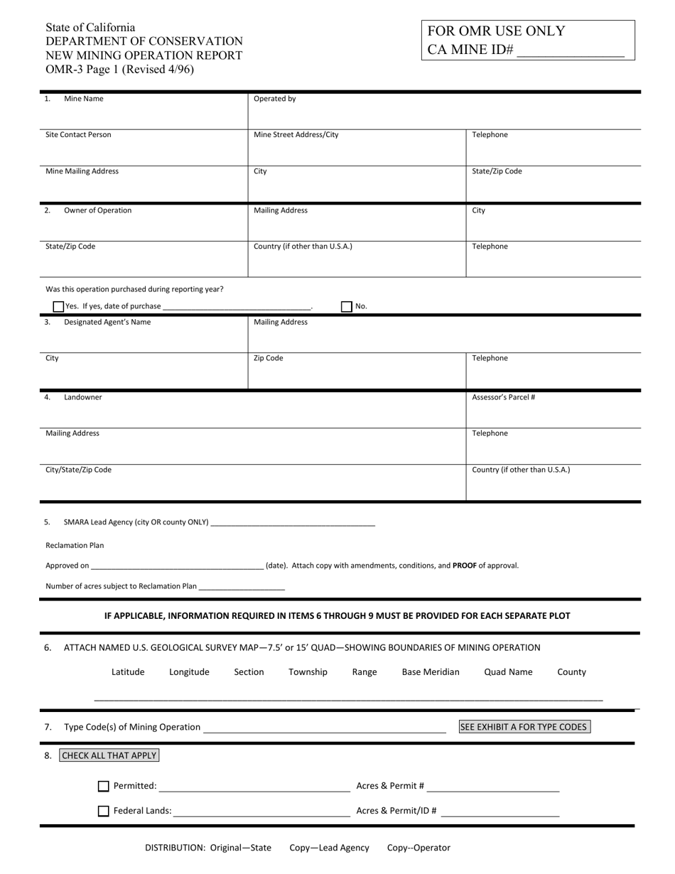 Form OMR-3 New Mining Operation Report - California, Page 1