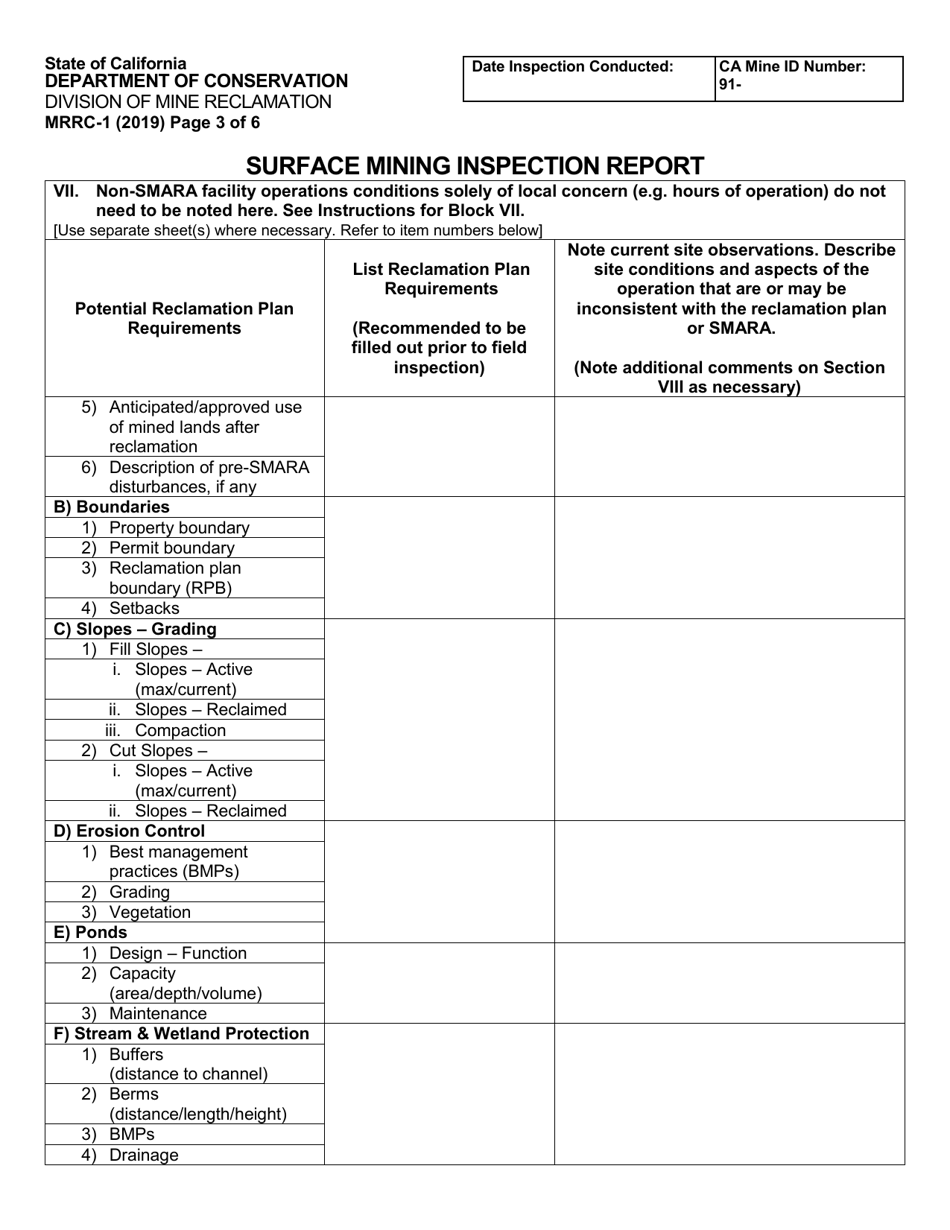 Form MRRC-1 Surface Mining Inspection Report - California, Page 3