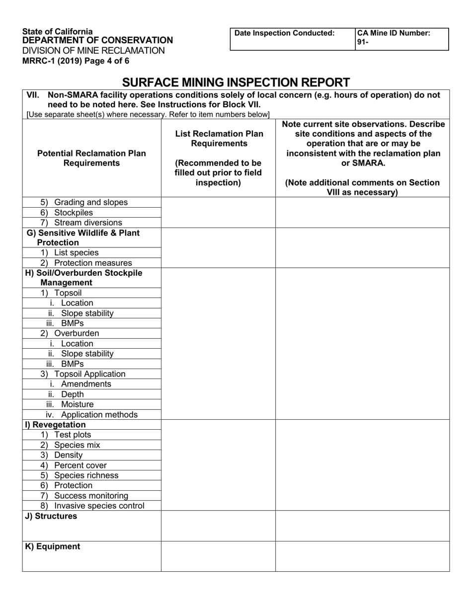 Form MRRC-1 Surface Mining Inspection Report - California, Page 4