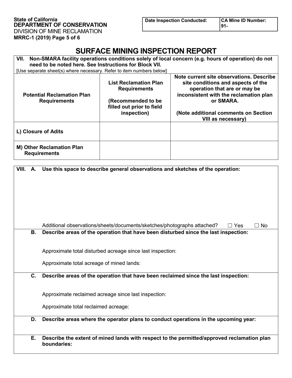Form MRRC-1 Surface Mining Inspection Report - California, Page 5