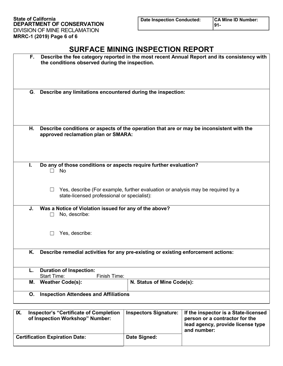 Form MRRC-1 Surface Mining Inspection Report - California, Page 6