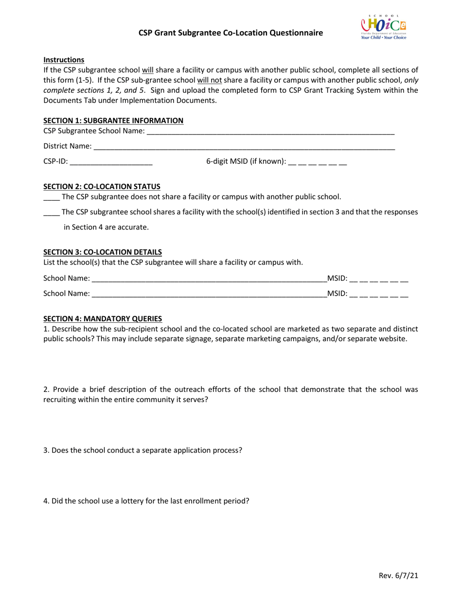 CSP Grant Subgrantee Co-location Questionnaire - Florida, Page 1