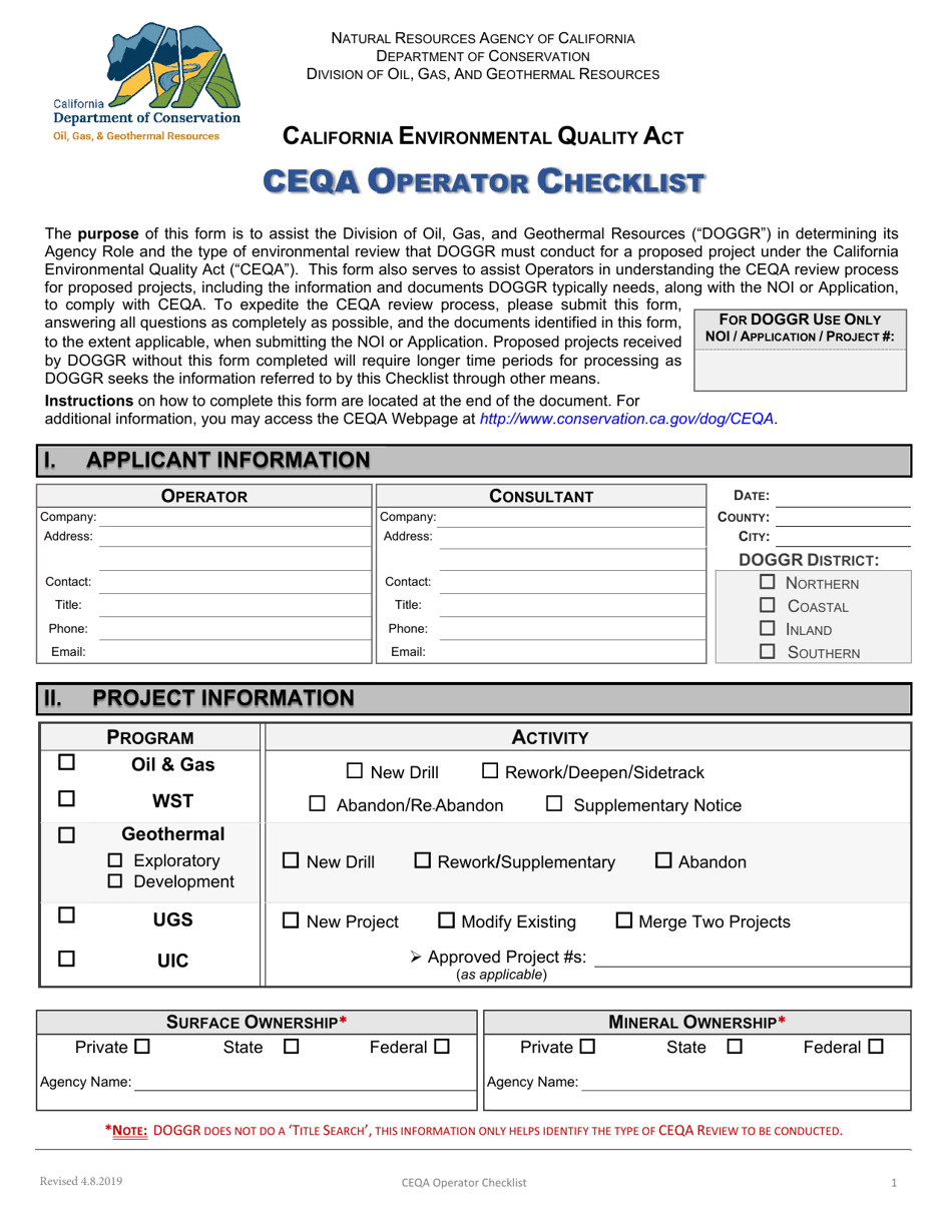 Ceqa Operator Checklist - California, Page 1