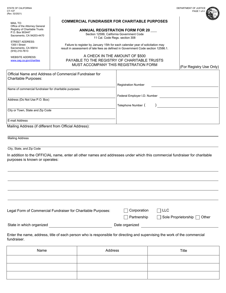 Form CT-1CF Commercial Fundraiser for Charitable Purposes Annual Registration Form - California, Page 1