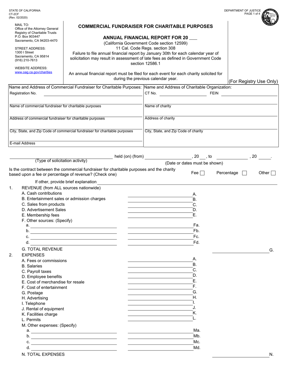 Form CT-2CF Annual Financial Report - Commercial Fundraiser for Charitable Purposes - California, Page 1