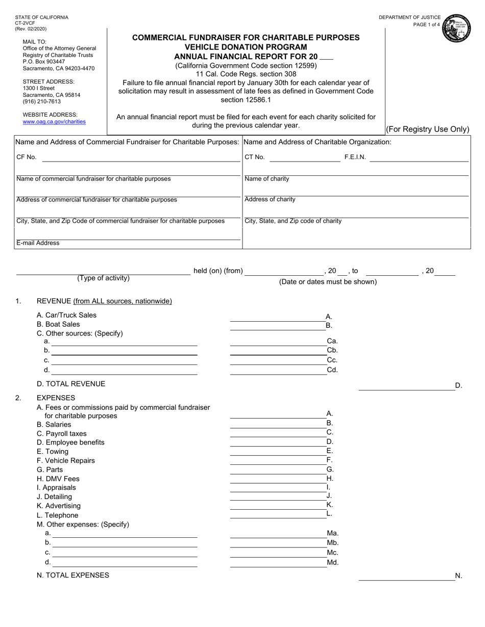 Form CT-2VCF Annual Financial Report - Vehicle Donation Program - Commercial Fundraiser for Charitable Purposes - California, Page 1