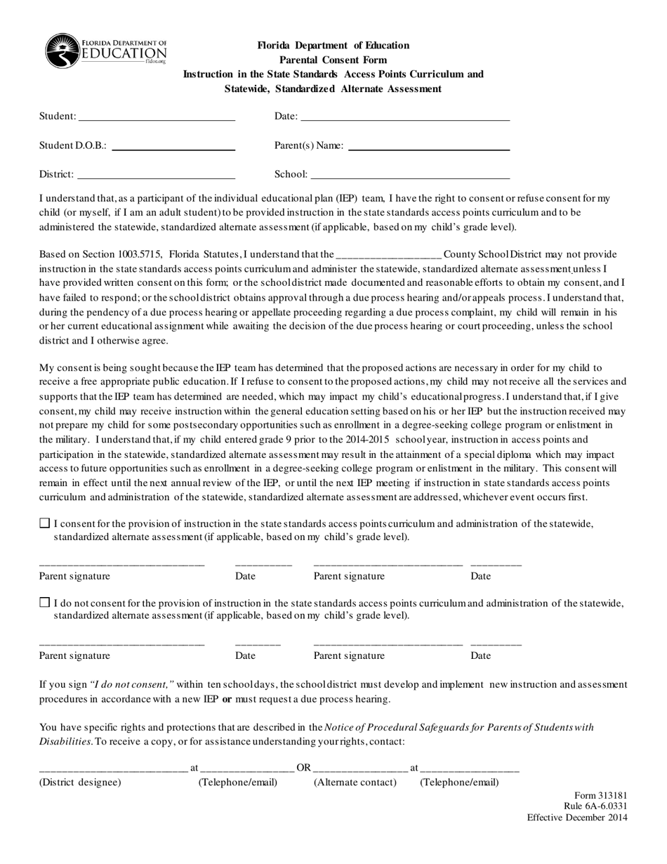 Form 313181 Parental Consent for Alternate Assessment - Florida, Page 1
