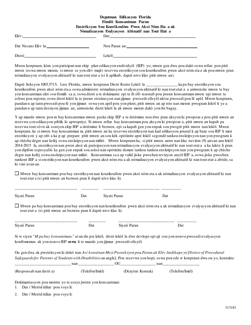 Form 313181 Parental Consent Form - Instruction in the State Standards Access Points Curriculum and Statewide, Standardized Alternate Assessment - Florida (Haitian Creole), Page 1