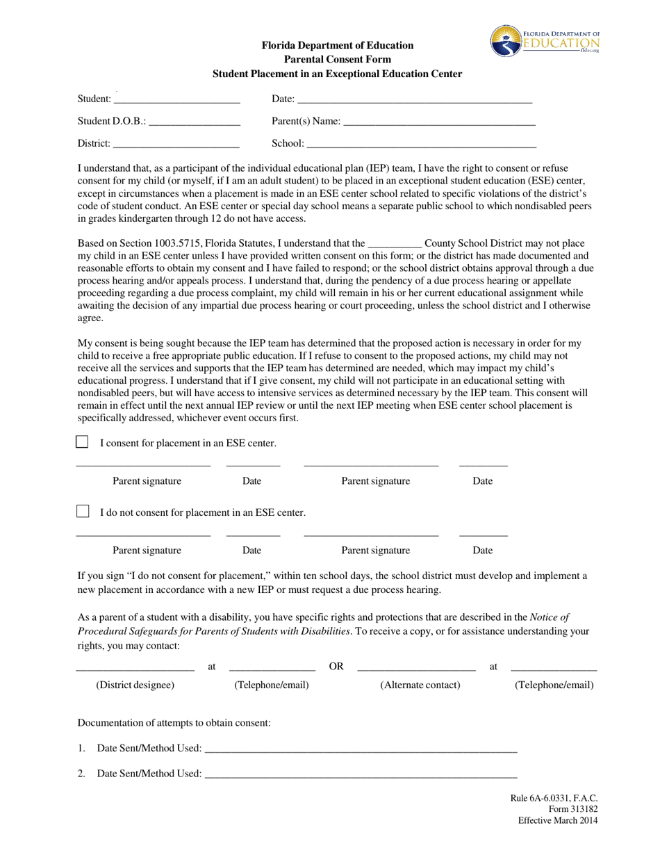 Form 313182 Parental Consent Form - Student Placement in an Exceptional Education Center - Florida, Page 1
