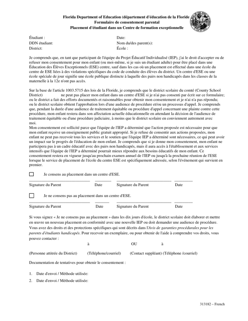 Form 313182 Parental Consent Form - Student Placement in an Exceptional Education Center - Florida (French)