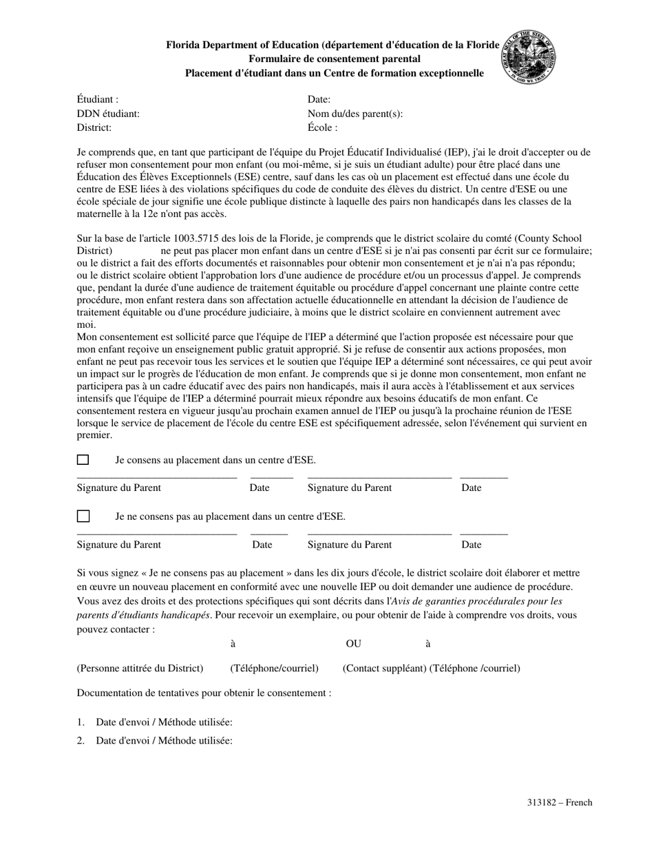 Form 313182 Parental Consent Form - Student Placement in an Exceptional Education Center - Florida (French), Page 1