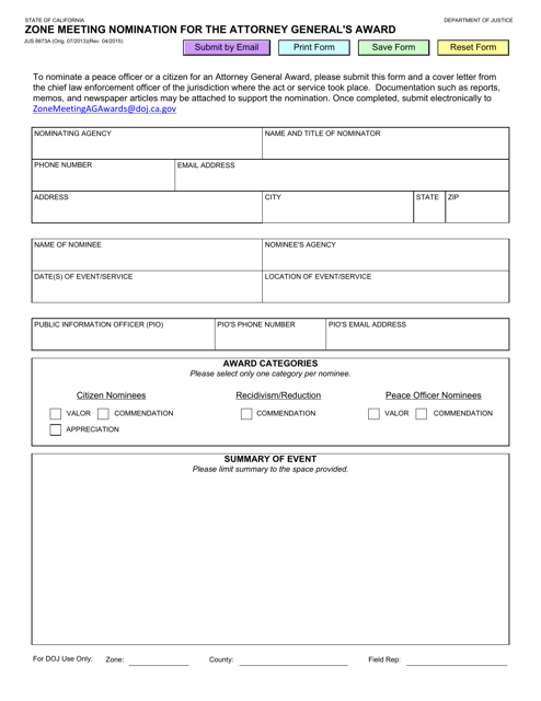 Form JUS8873A Zone Meeting Nomination for the Attorney General's Award - California