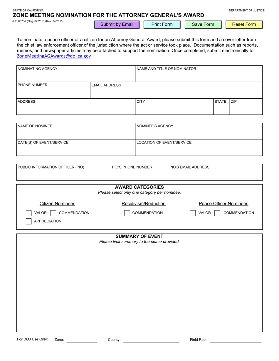 Form JUS8873A Zone Meeting Nomination for the Attorney Generals Award - California, Page 1