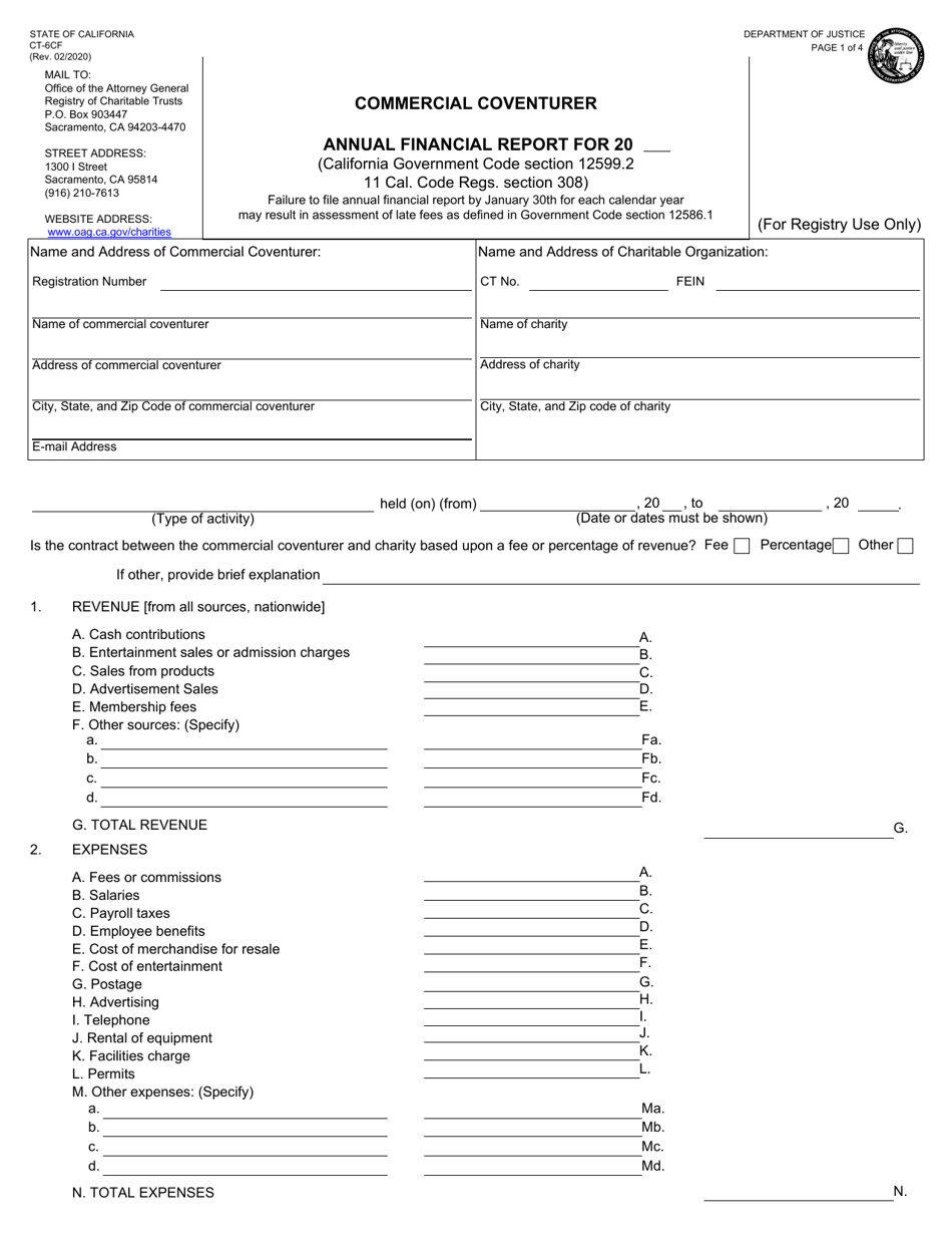 Form CT-6CF Annual Financial Report - Commercial Coventurer - California, Page 1