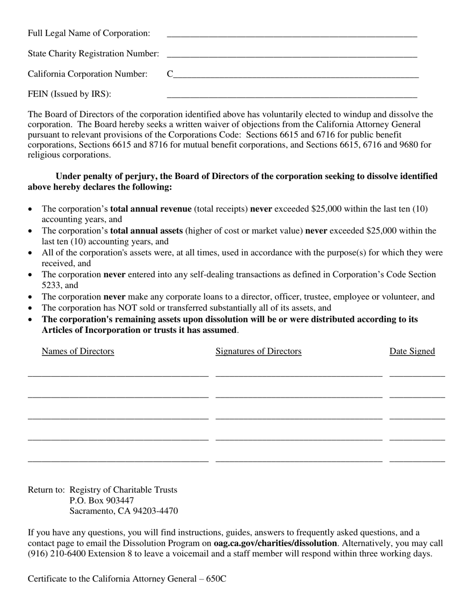 Form 650C Certificate to the California Attorney General - California, Page 1