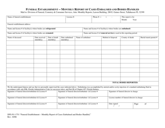 Document preview: Form DFS-N1-1751 Funeral Establishment - Monthly Report of Cases Embalmed and Bodies Handled - Florida