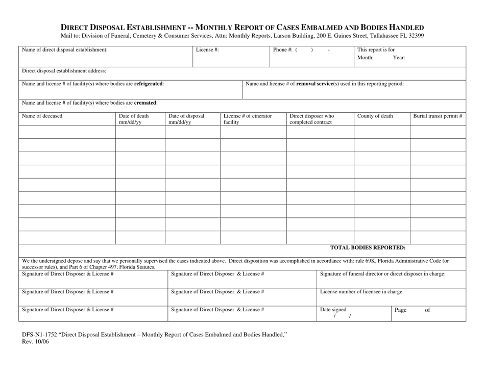Form DFS-N1-1752 Direct Disposal Establishment - Monthly Report of Cases Embalmed and Bodies Handled - Florida, Page 1
