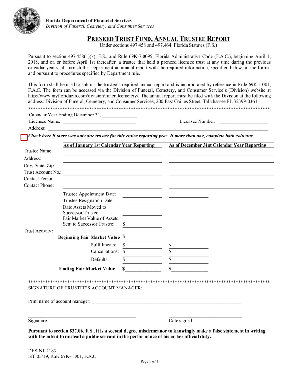 Form DFS-N1-2183 Preneed Trust Fund, Annual Trustee Report - Florida, Page 1