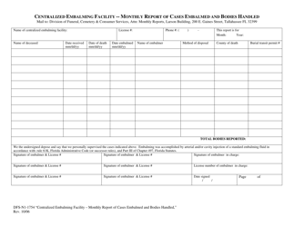Form DFS-N1-1754 &quot;Centralized Embalming Facility - Monthly Report of Cases Embalmed and Bodies Handled&quot; - Florida