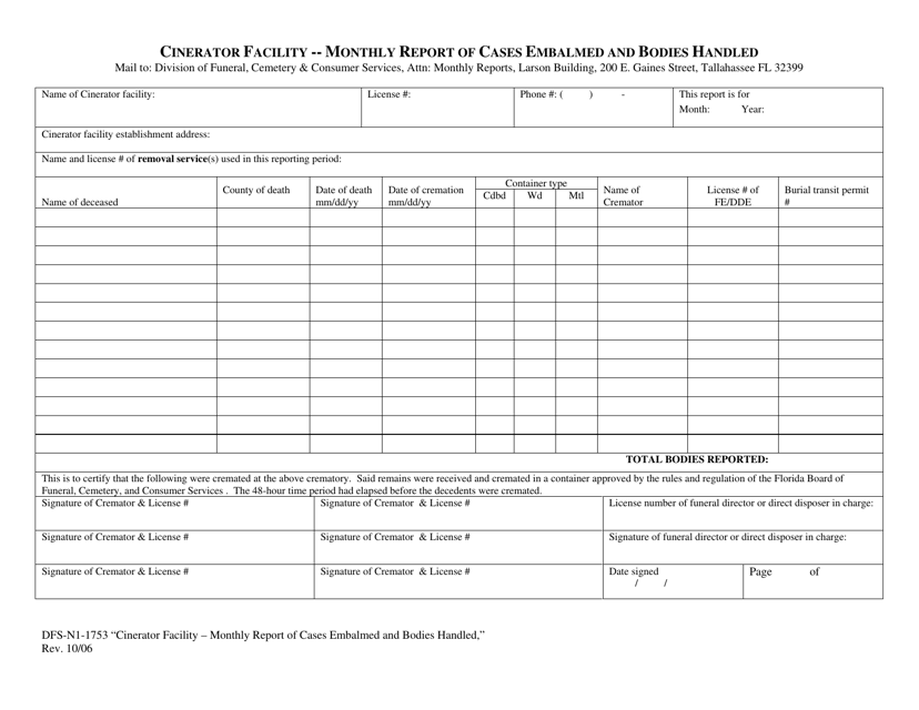 Form DFS-N1-1753 Cinerator Facility - Monthly Report of Cases Embalmed and Bodies Handled - Florida