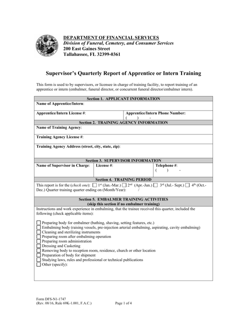 Form DFS-N1-1747 Supervisor's Quarterly Report of Apprentice or Intern Training - Florida