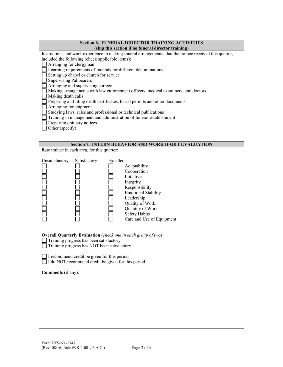 Form DFS-N1-1747 Supervisors Quarterly Report of Apprentice or Intern Training - Florida, Page 2