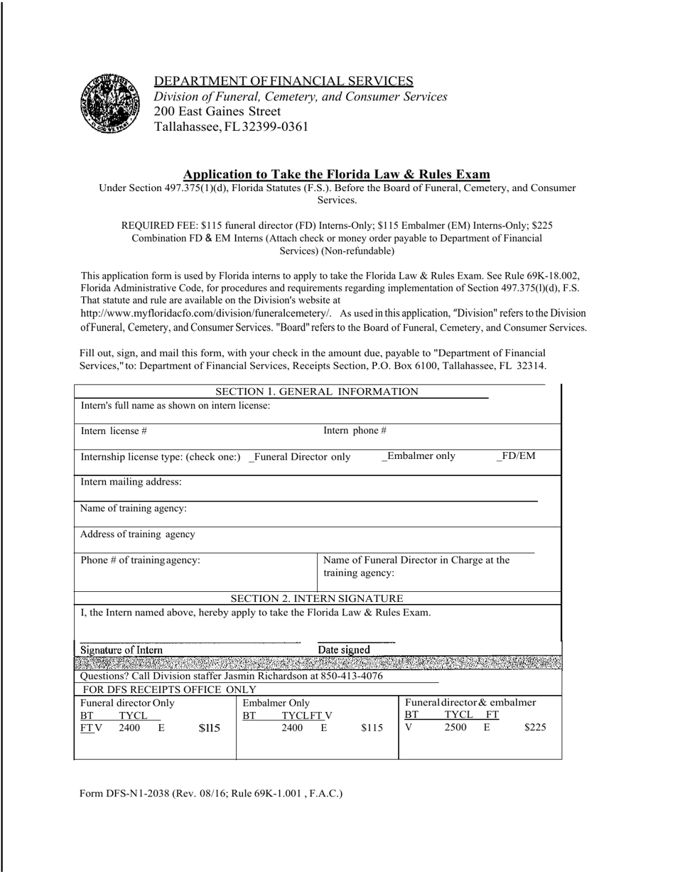 Form DFS-N1-2038 Application to Take the Florida Law  Rules Exam - Florida, Page 1