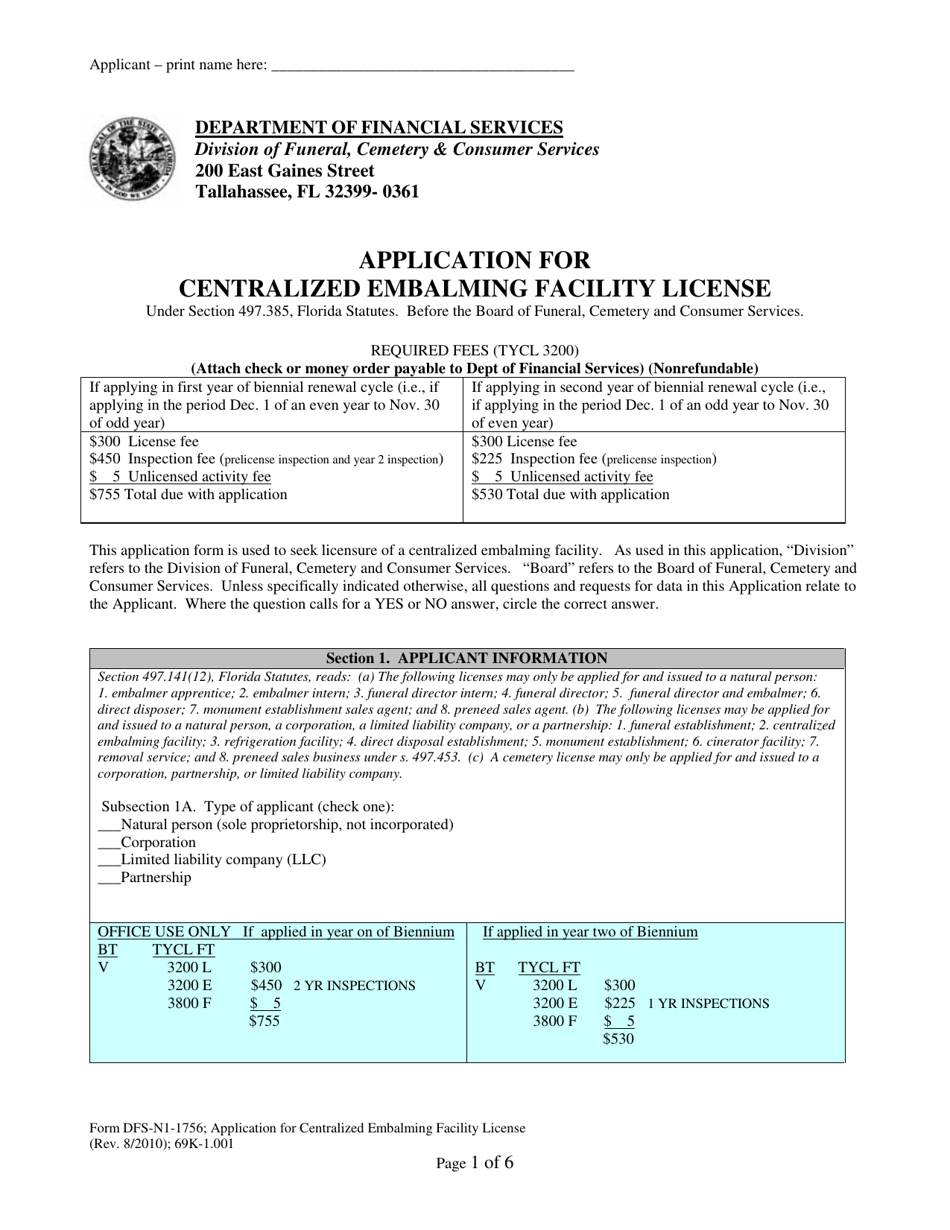 Form DFS-N1-1756 Application for Centralized Embalming Facility License - Florida, Page 1