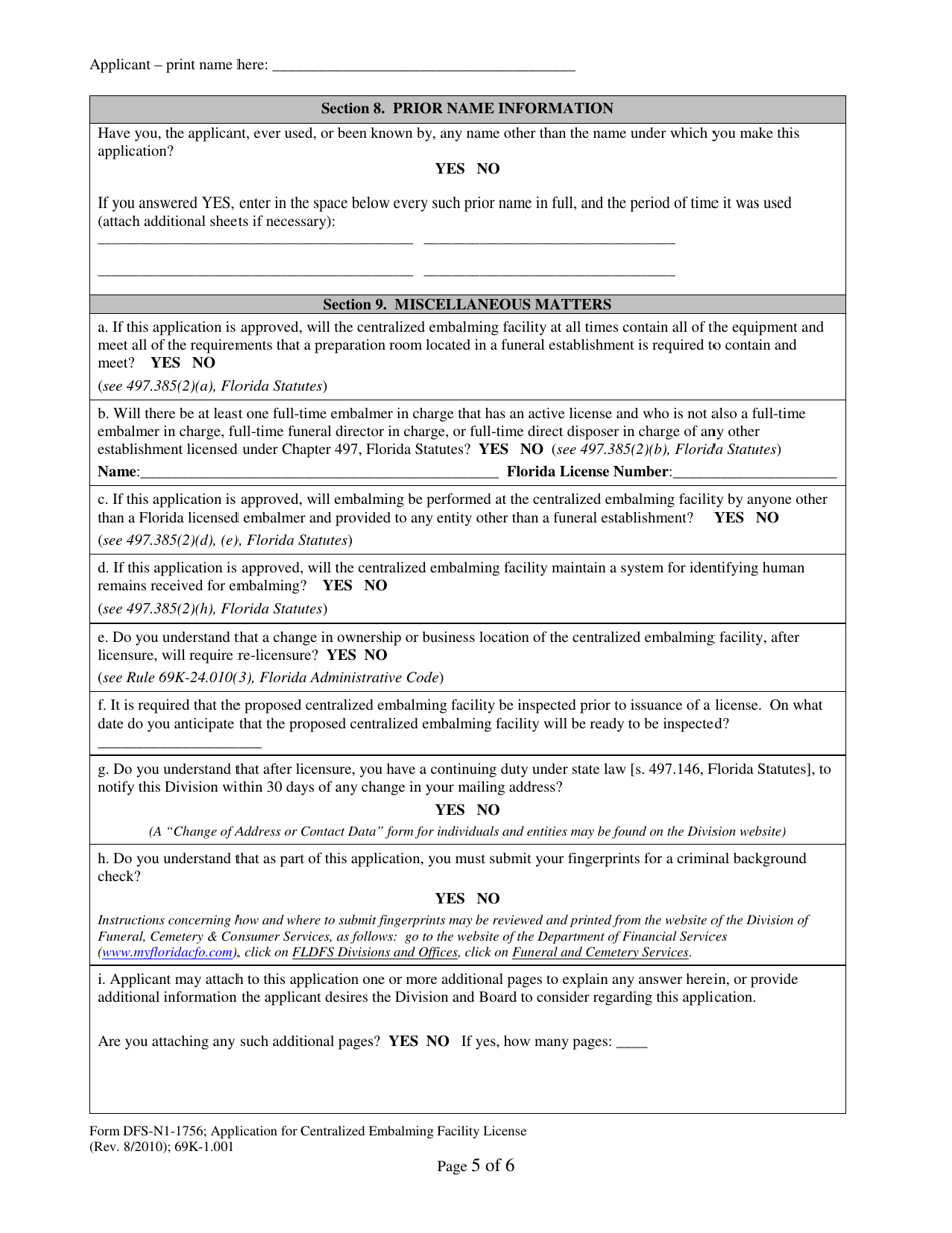 Form DFS-N1-1756 Application for Centralized Embalming Facility License - Florida, Page 5