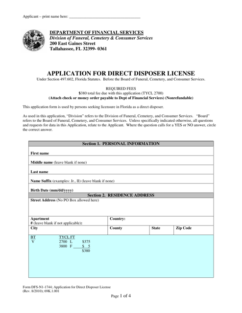 Form DFS-N1-1744 Application for Direct Disposer License - Florida