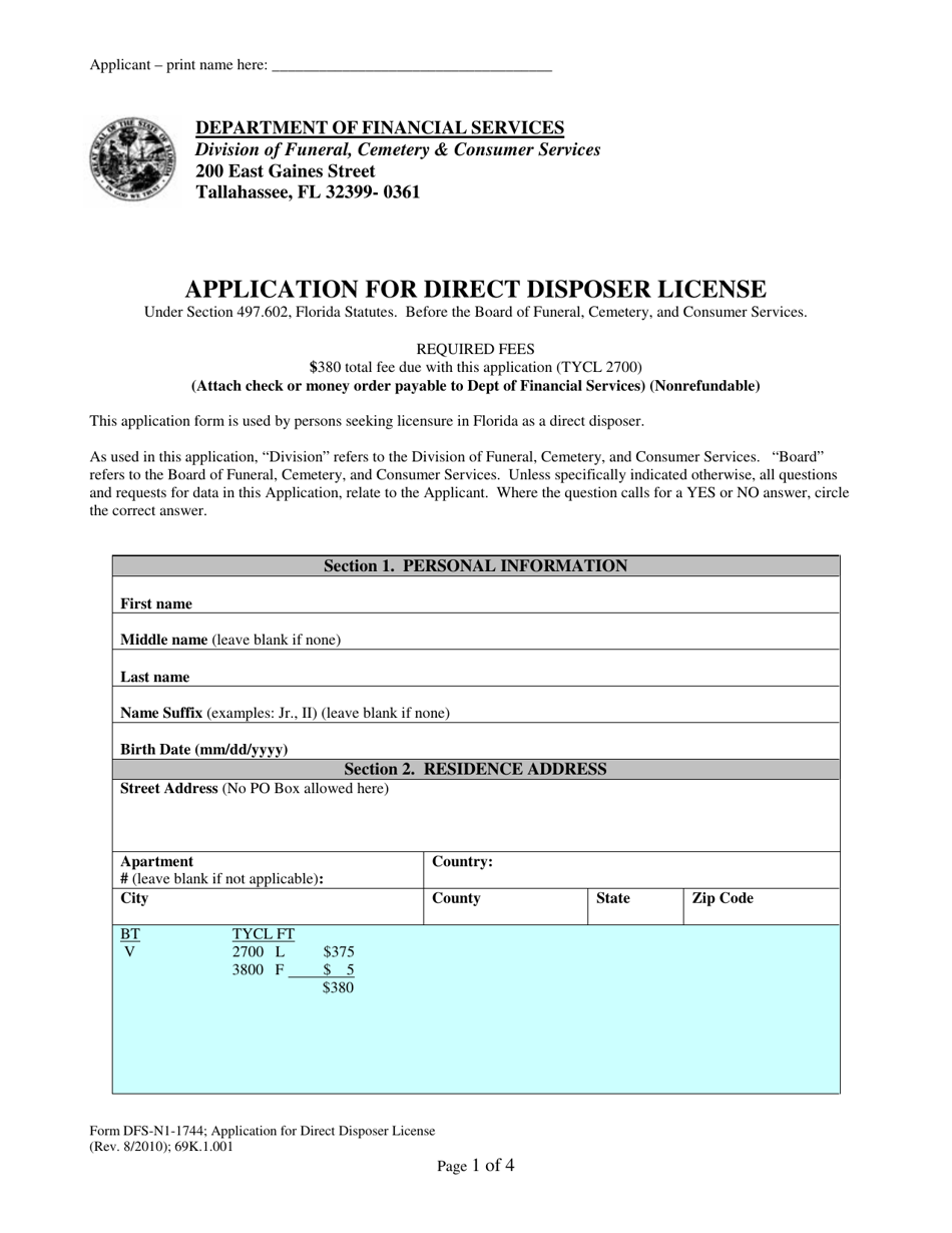 Form DFS-N1-1744 Application for Direct Disposer License - Florida, Page 1
