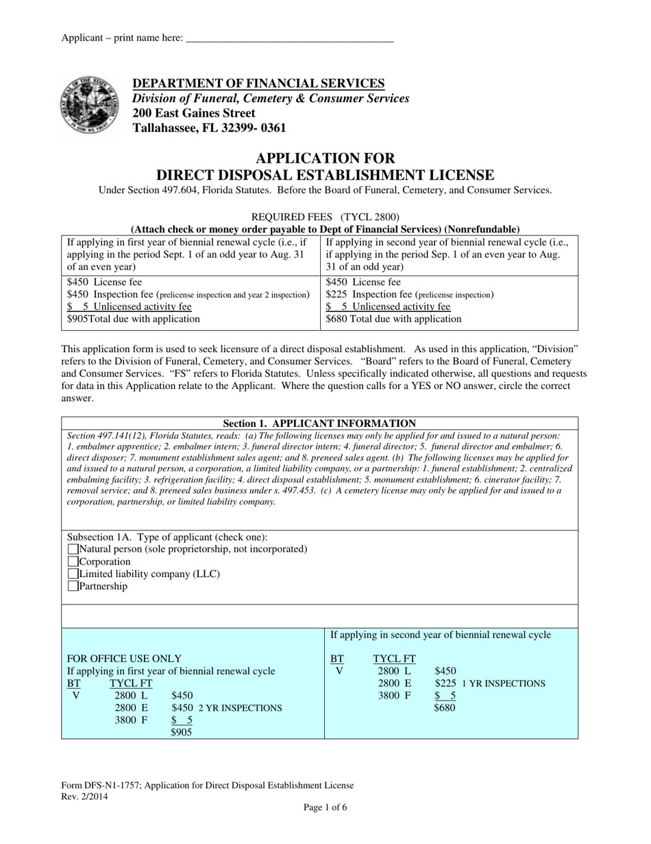 Form DFS-N1-1757 Application for Direct Disposal Establishment License - Florida, Page 1