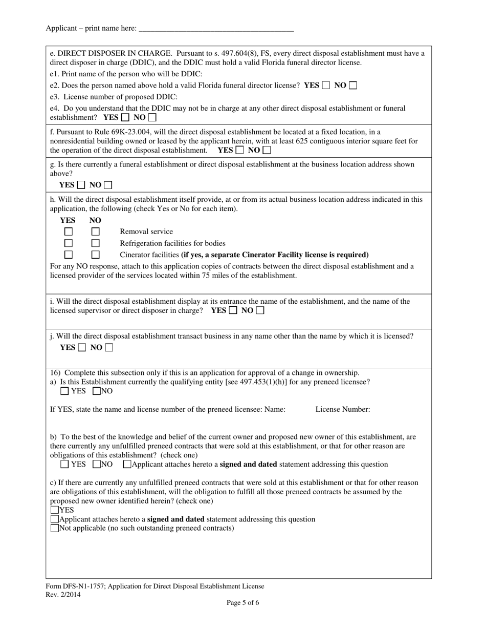 Form DFS-N1-1757 Application for Direct Disposal Establishment License - Florida, Page 5
