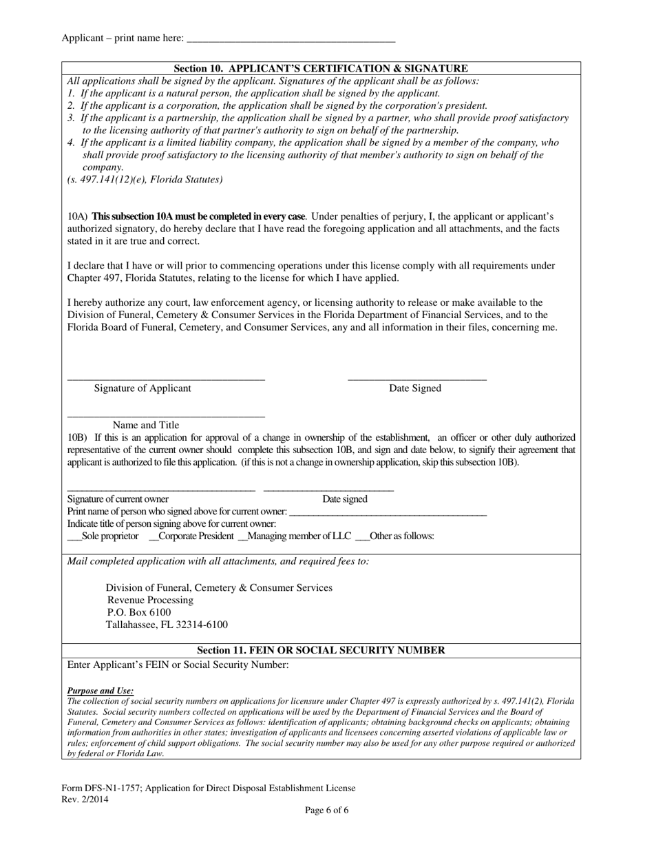 Form DFS-N1-1757 Application for Direct Disposal Establishment License - Florida, Page 6